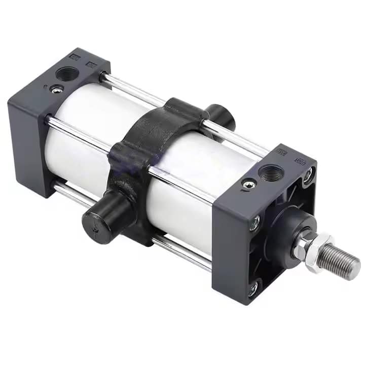 Pneumatic cylinder with intermediate trunnion pins on the cylinder body