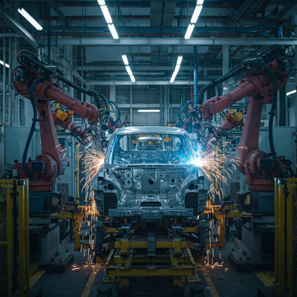 Robotic welding station in an automotive body shop where dependent operations can stop when a critical station fails.