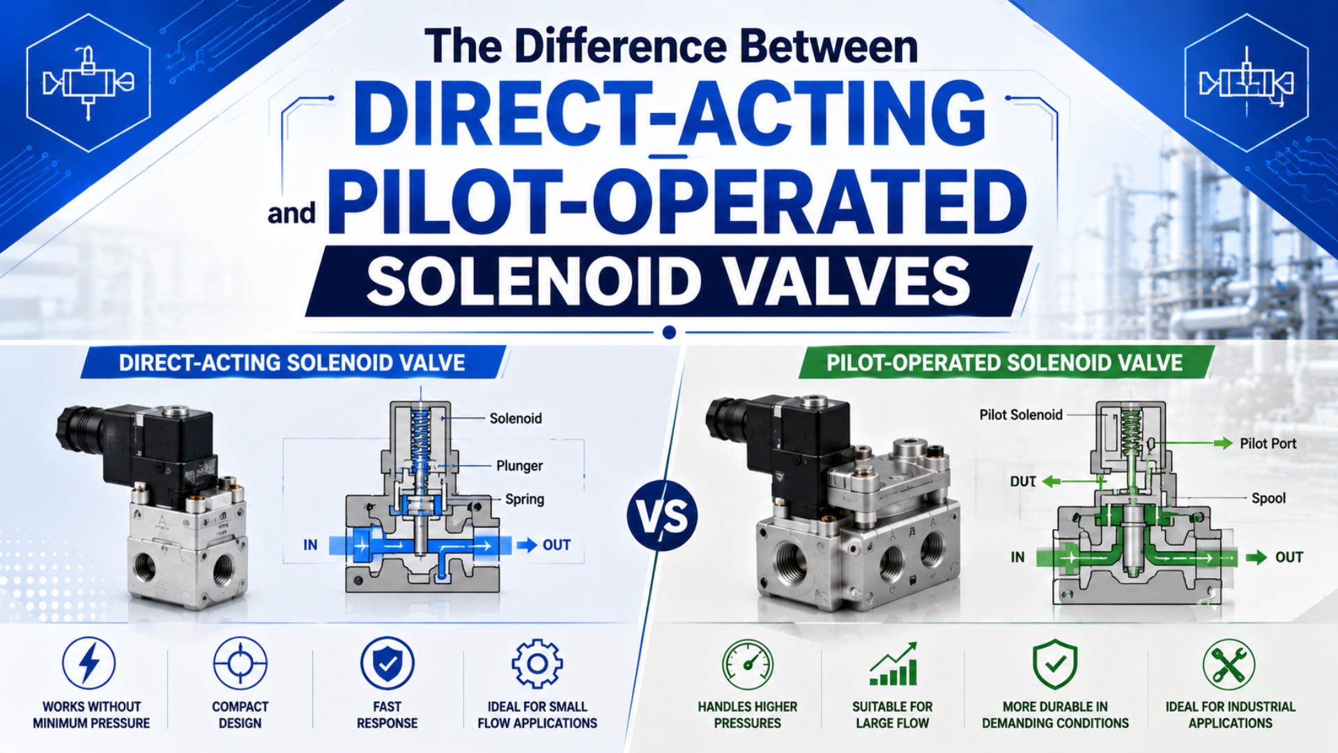 Comparaison entre électrovanne à action directe et électrovanne pilotée pour air comprimé, eau, vide et fluides compatibles