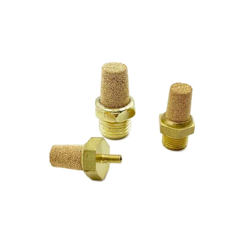 Sintered bronze pneumatic mufflers with porous elements and threaded bases