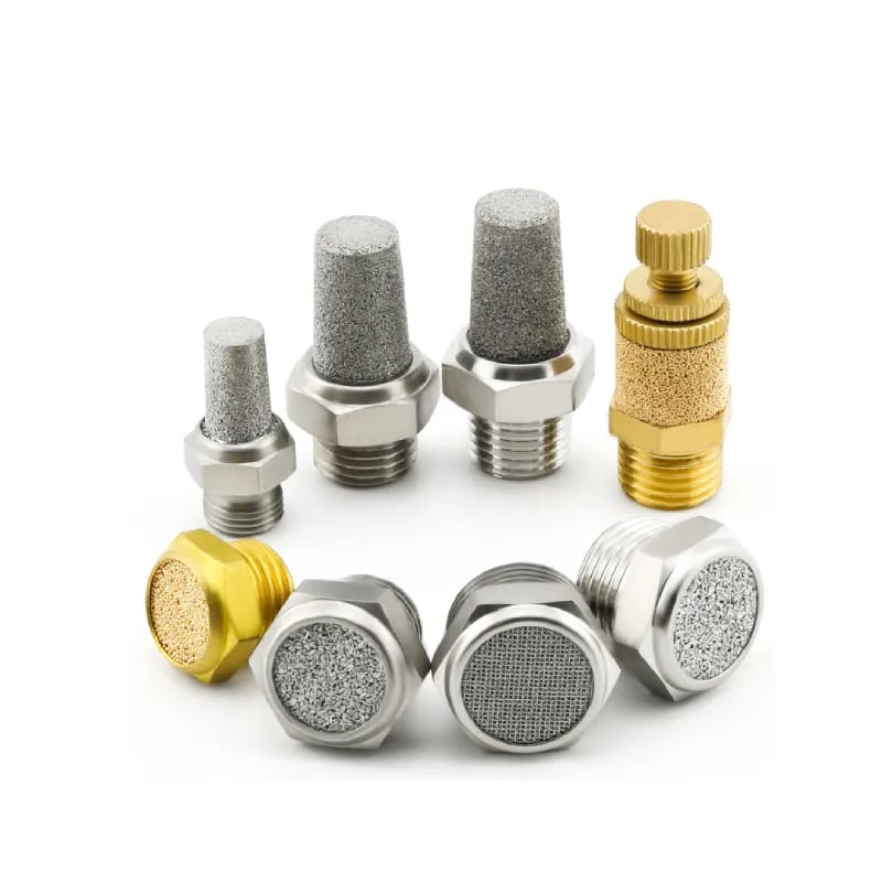 Pneumatic muffler family showing different porous elements and outlet constructions