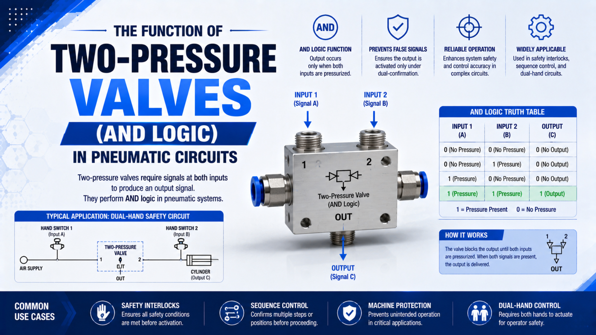 Fonction des valves à deux pressions (logique ET) dans les circuits pneumatiques