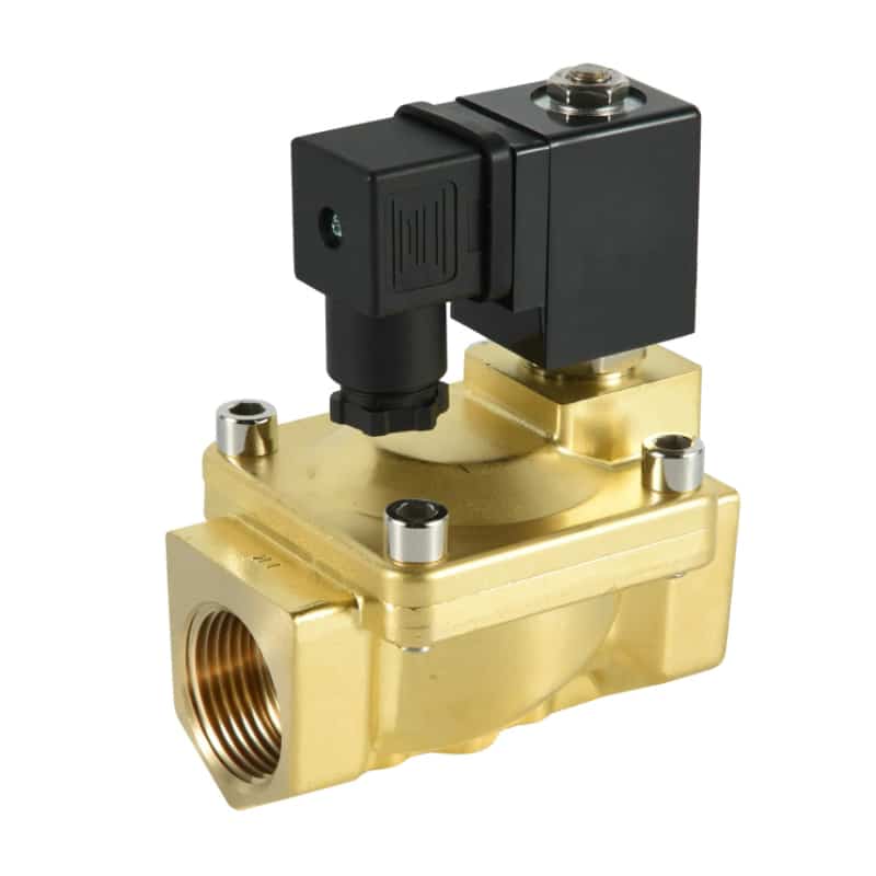 Brass-bodied 2/2-way solenoid valve with electrical coil and threaded pneumatic ports