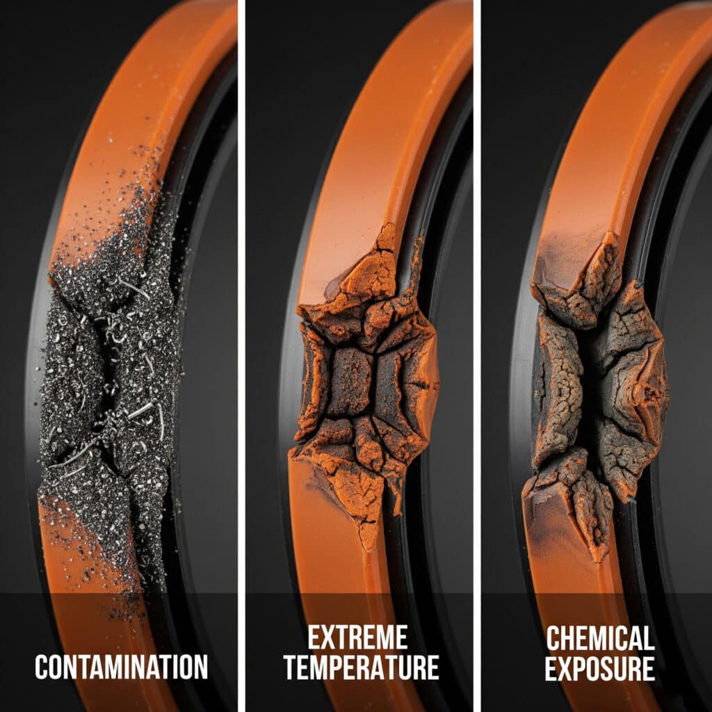 Comparaison illustrative de dommages de joints pneumatiques dus à la contamination, à la dégradation thermique et à l’exposition chimique