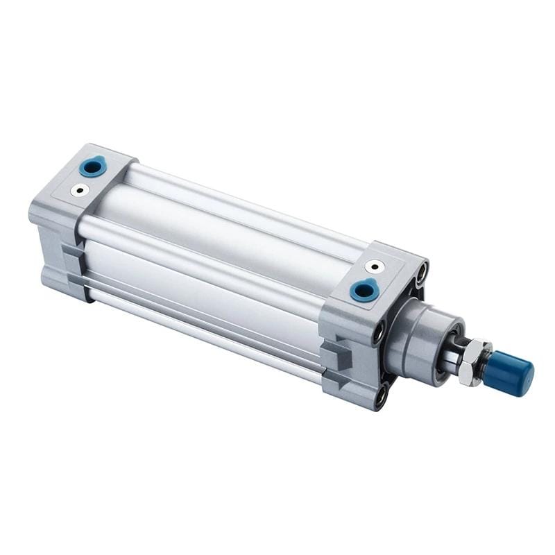 An assembled ISO-profile pneumatic cylinder showing the barrel, end caps, ports, tie rods, and piston-rod interface that must be inspected before repair.