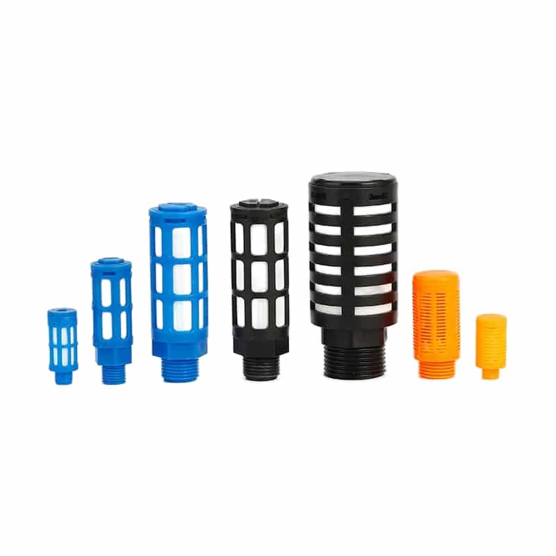 Plastic pneumatic silencers in multiple body sizes and thread connections