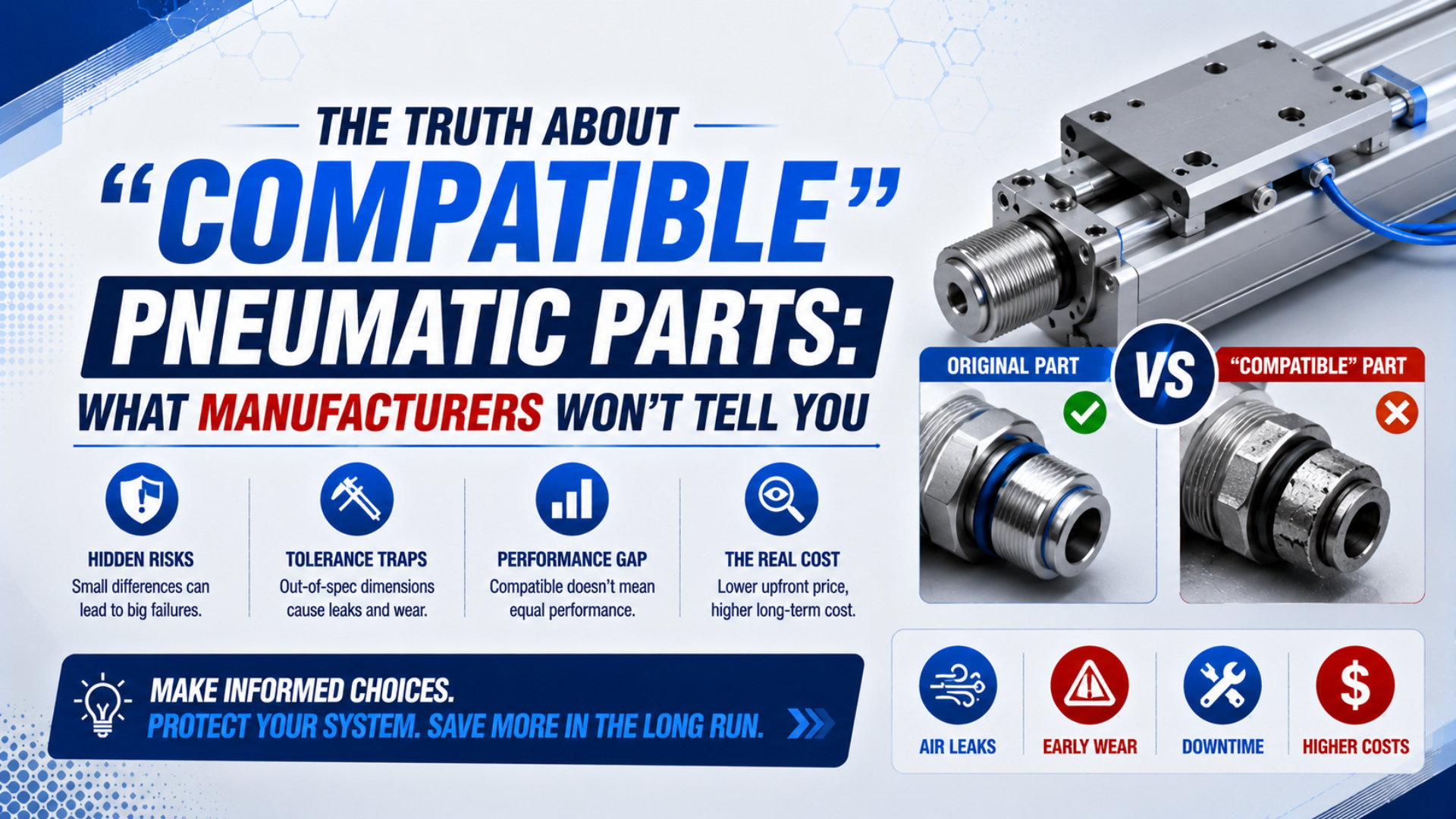 Imagem de destaque sobre peças pneumáticas compatíveis e os limites das alegações dos fabricantes