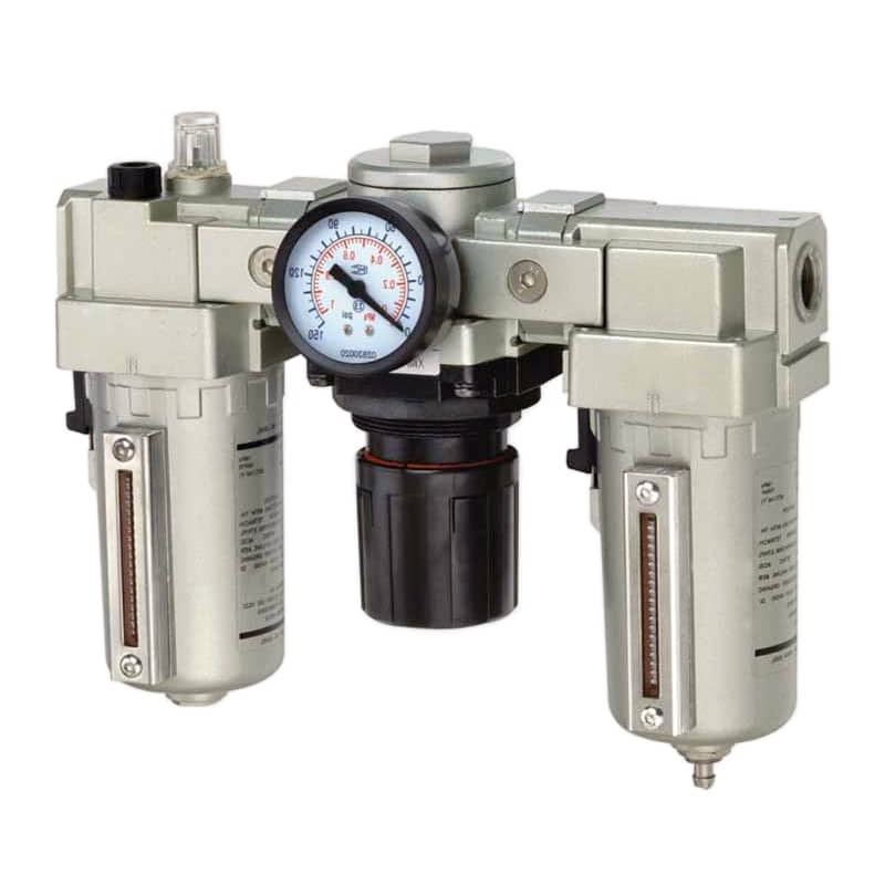 XMA series three-element FRL unit with metal cups used for filter, regulator, and lubricator air preparation.