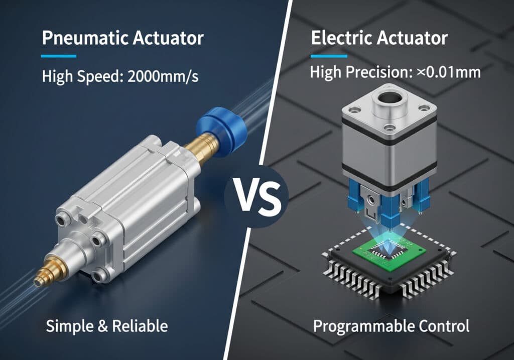 Pneumatic and electric linear actuators compared by speed, position control, and application fit