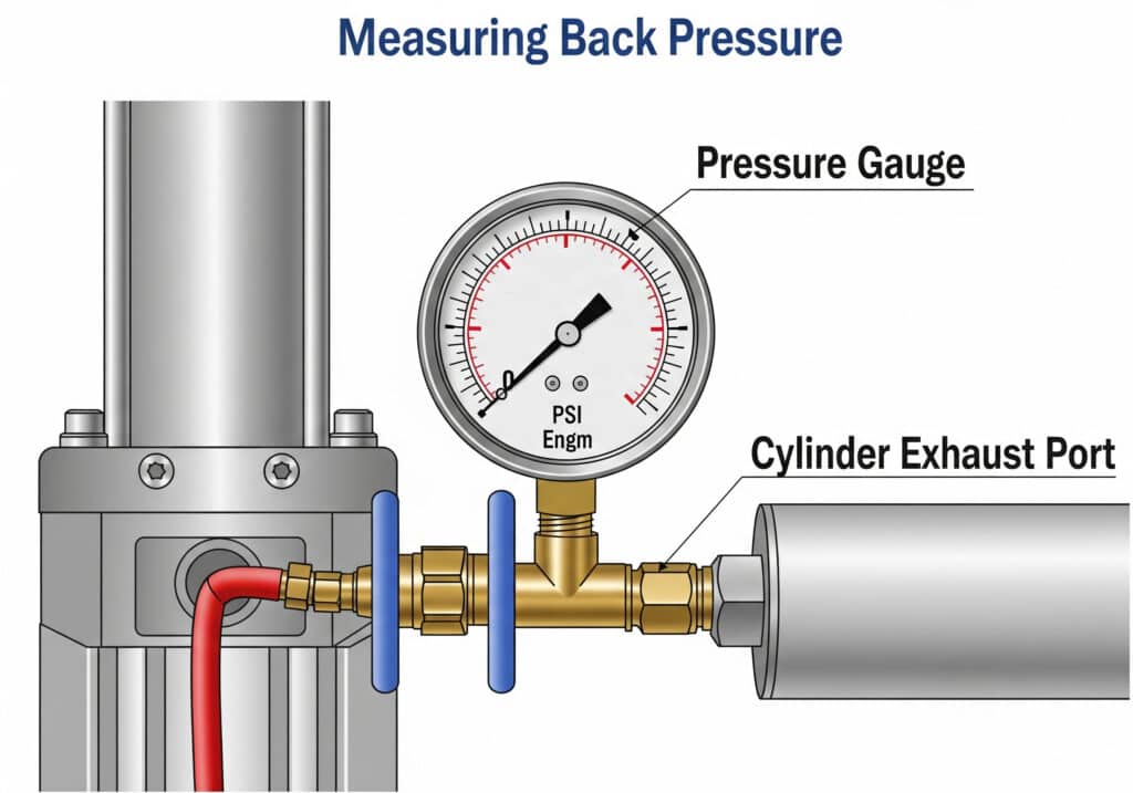 Pressure gauge installed at a pneumatic cylinder exhaust port to measure back pressure during machine motion
