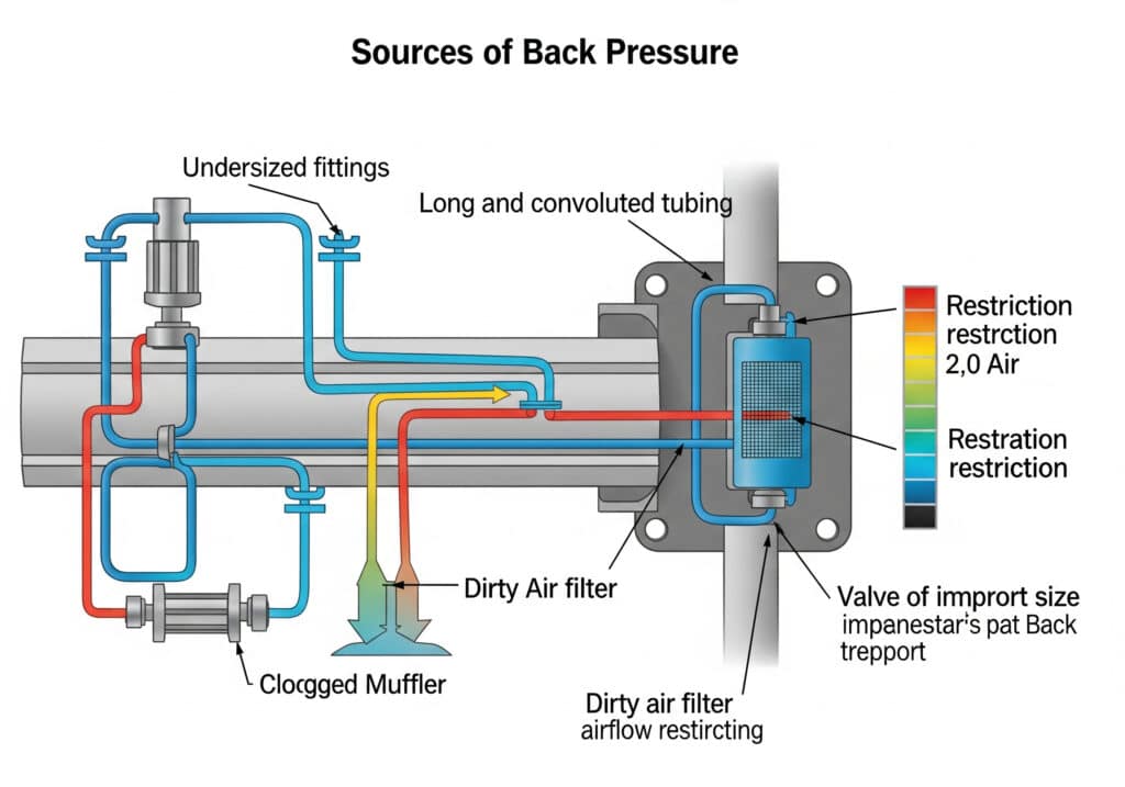 Common sources of back pressure in a pneumatic system, including mufflers, exhaust tubing, undersized fittings, and valve restrictions