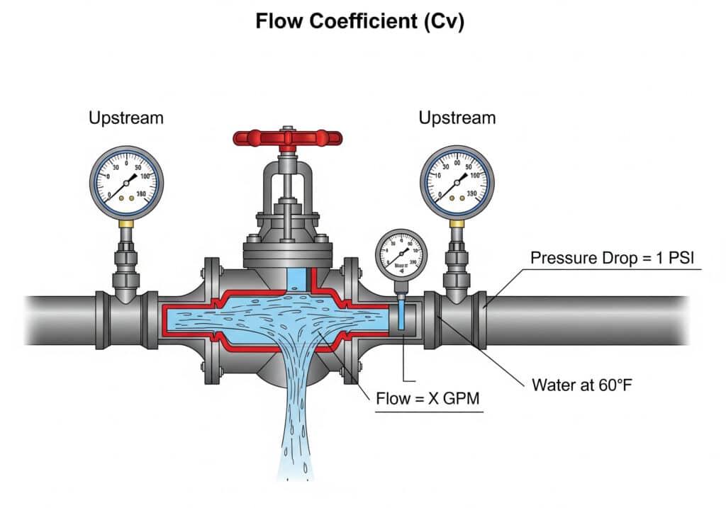 ภาพเทคนิคอธิบาย Flow Coefficient Cv โดยแสดงน้ำที่ 60 F ไหลผ่านวาล์วด้วย แรงดันตกคร่อม 1 psi
