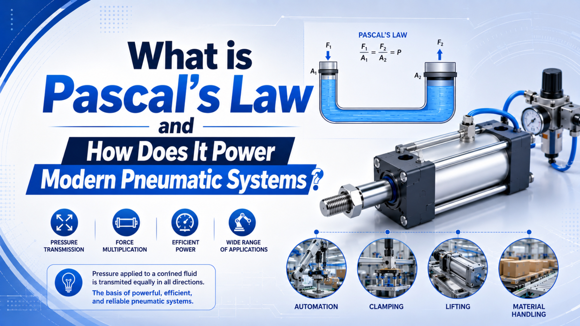 Xi lanh khí nén không cần trục có đồng hồ đo áp suất thể hiện tính toán lực Pascal trong hệ thống tự động hóa hiện đại