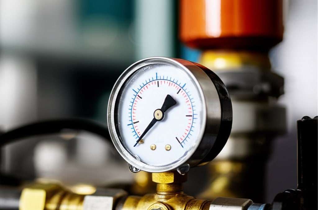 Technician checking pressure dew point at a compressed-air line near a pneumatic system.
