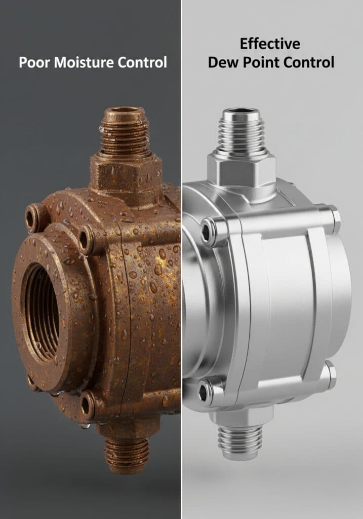 Corroded pneumatic valve compared with a clean valve to show how water contamination can affect pneumatic reliability.