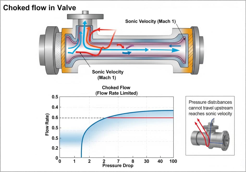 Choked flow diagram showing compressed air reaching Mach 1 through a pneumatic valve restriction while downstream pressure stops increasing mass flow.