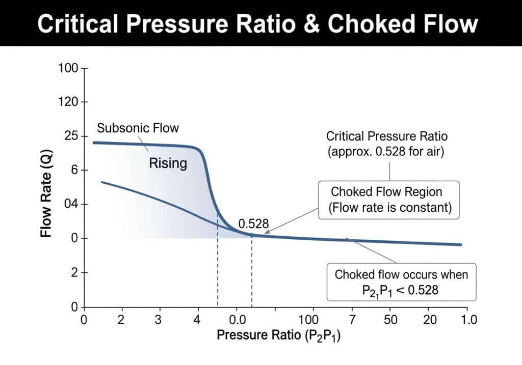 Critical pressure ratio graph showing the dry-air 0.528 downstream-to-upstream pressure ratio where choked flow begins.