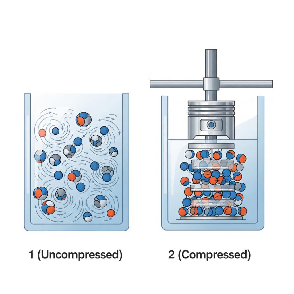 Gas particles shown before and after compression in a fixed boundary