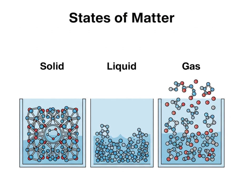 Simplified comparison of particle arrangements in solid, liquid, and gas states