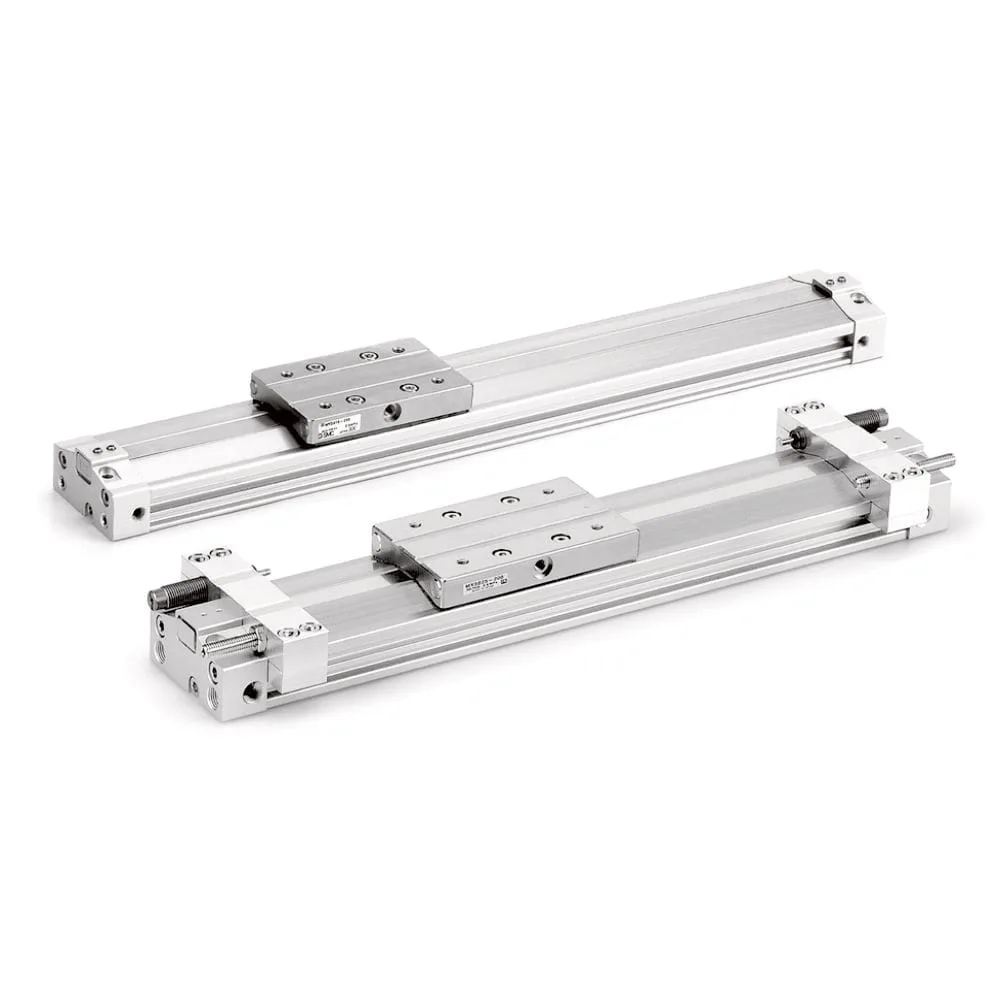 Mechanically coupled rodless cylinders whose internal pistons rely on guide and wear elements to remain centered