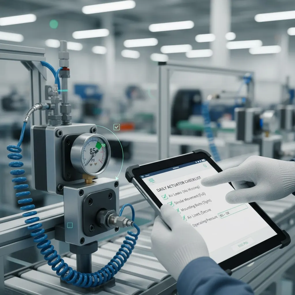 Techniker prüft eine tägliche Checkliste für pneumatische Antriebe neben einem Manometer und angeschlossenen Luftleitungen