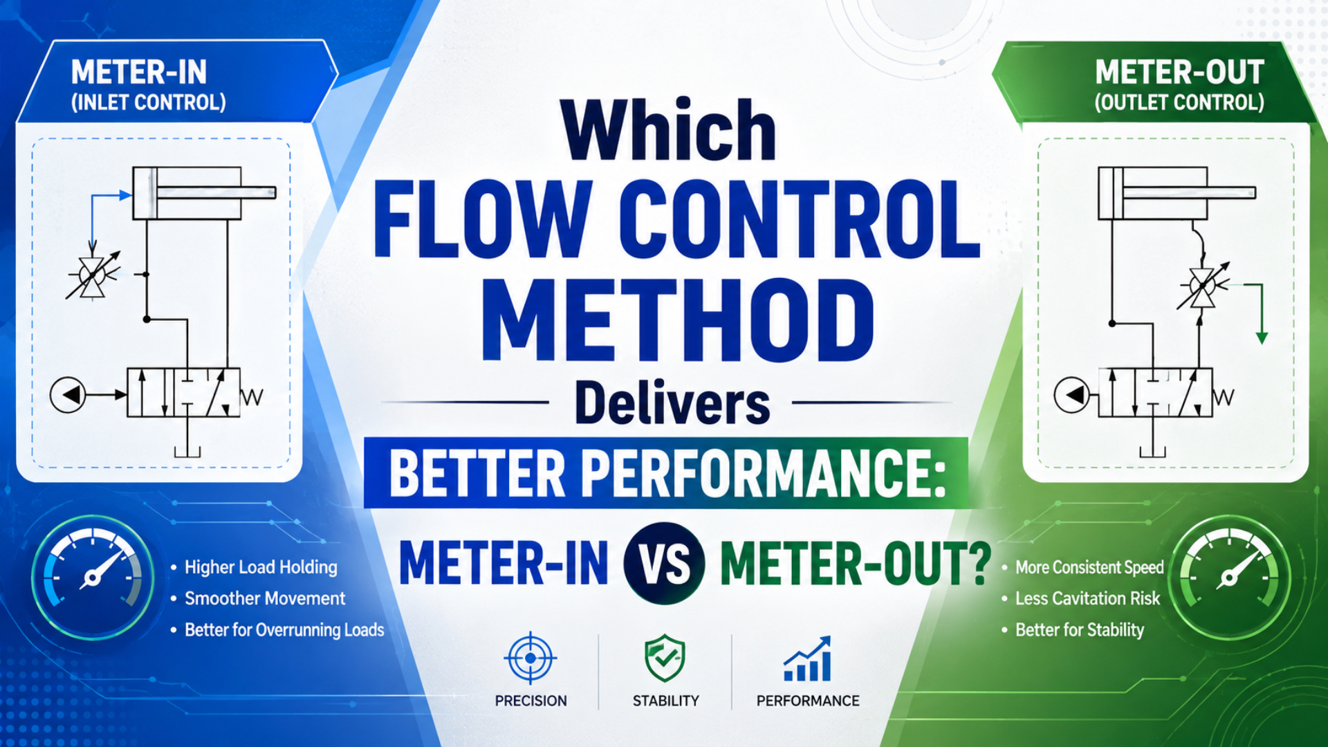 Diagrama de decisión de control de caudal neumático meter-in y meter-out para ajuste de velocidad de cilindros