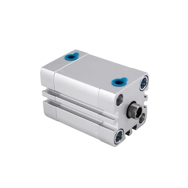ISO 21287-style compact pneumatic cylinder with a short body, through mounting holes, sensor slots, end-cap ports, and female rod thread.