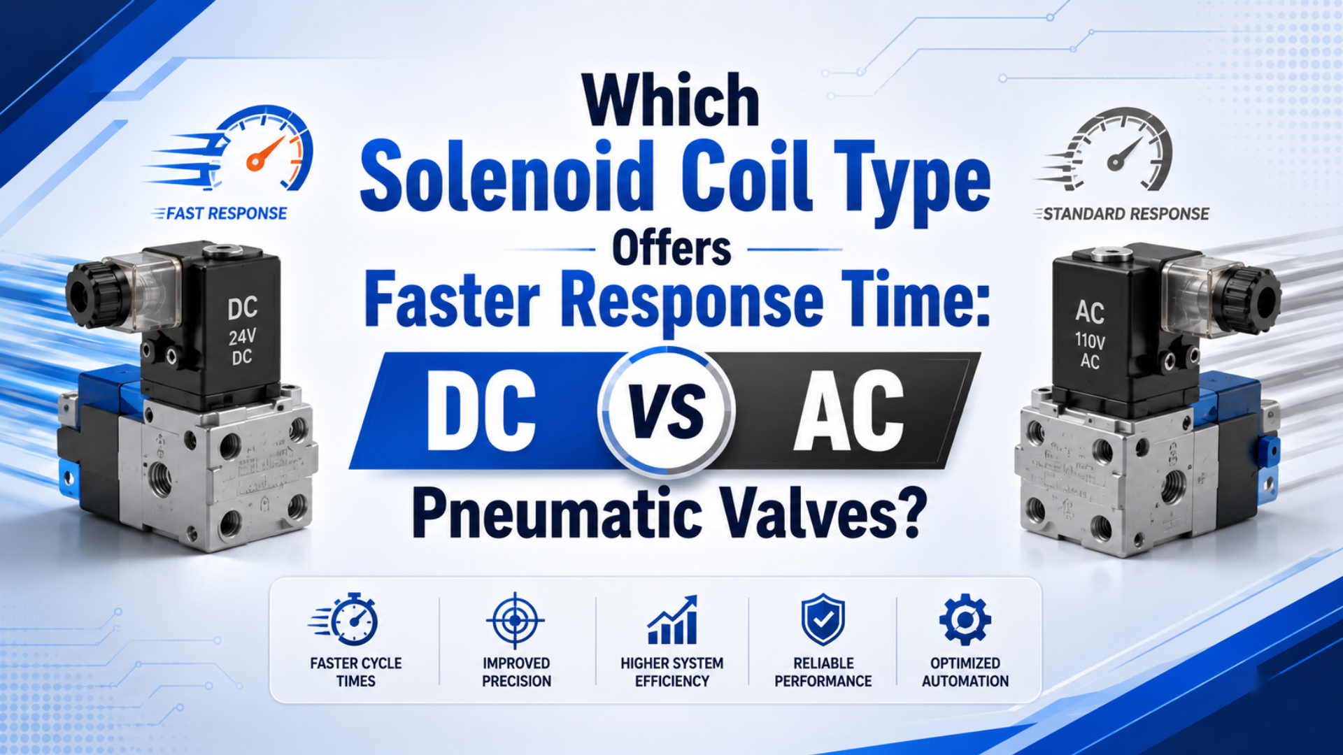 AC and DC pneumatic solenoid valve coil response comparison showing current ramp, valve shift, and actuator stroke timing