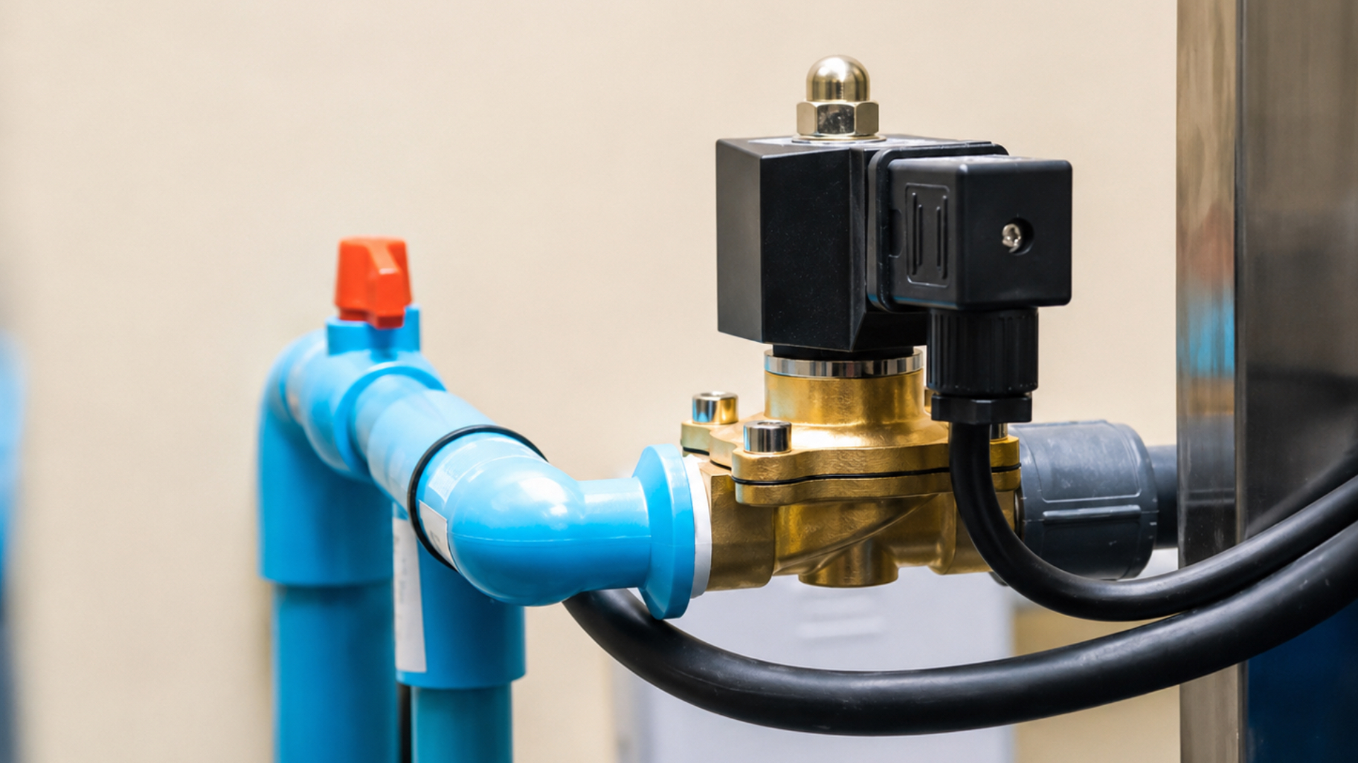 Fluid solenoid valve installed in a utility media line