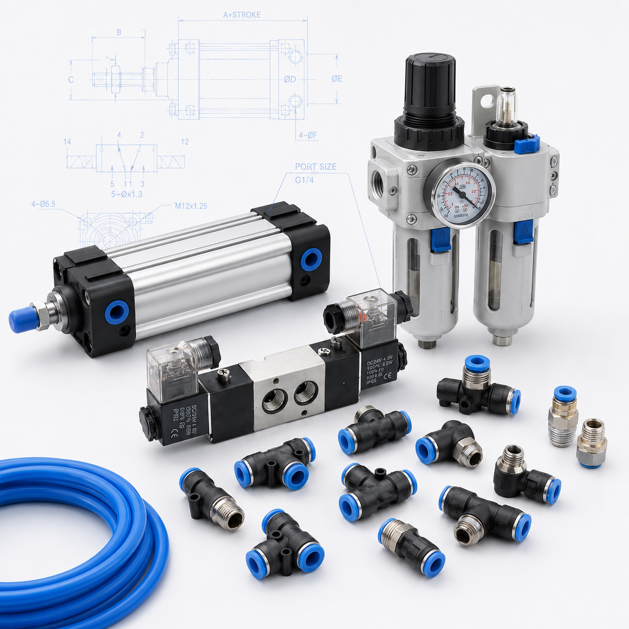Pneumatic cylinders, valves, air preparation units, fittings, tubing, and technical drawings for Bepto Pneumatic sourcing preparation