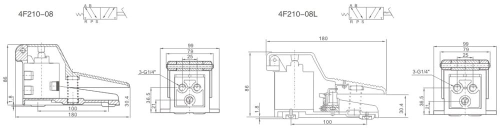 4F210-08 and 4F210-08L foot pedal valve mounting dimension reference drawing