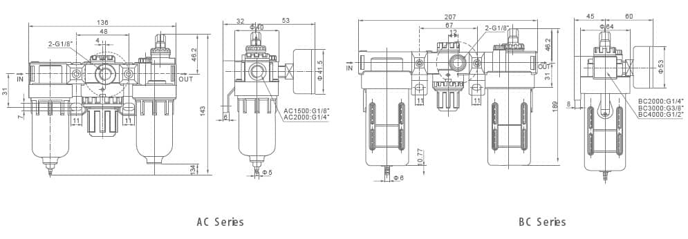 AC and BC series modular pneumatic F.R.L. units dimension reference drawing