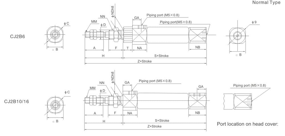 CJ2B標準形ミニ空圧シリンダ 寸法図
