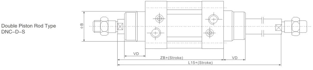 DNC Series ISO6431 Pneumatic Cylinder double piston rod dimension reference drawing