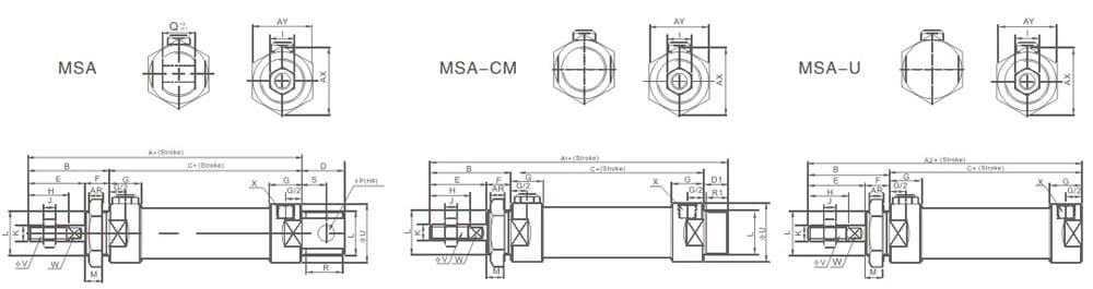 MSA、MSA-CM、MSA-U ミニ空圧シリンダ 寸法図