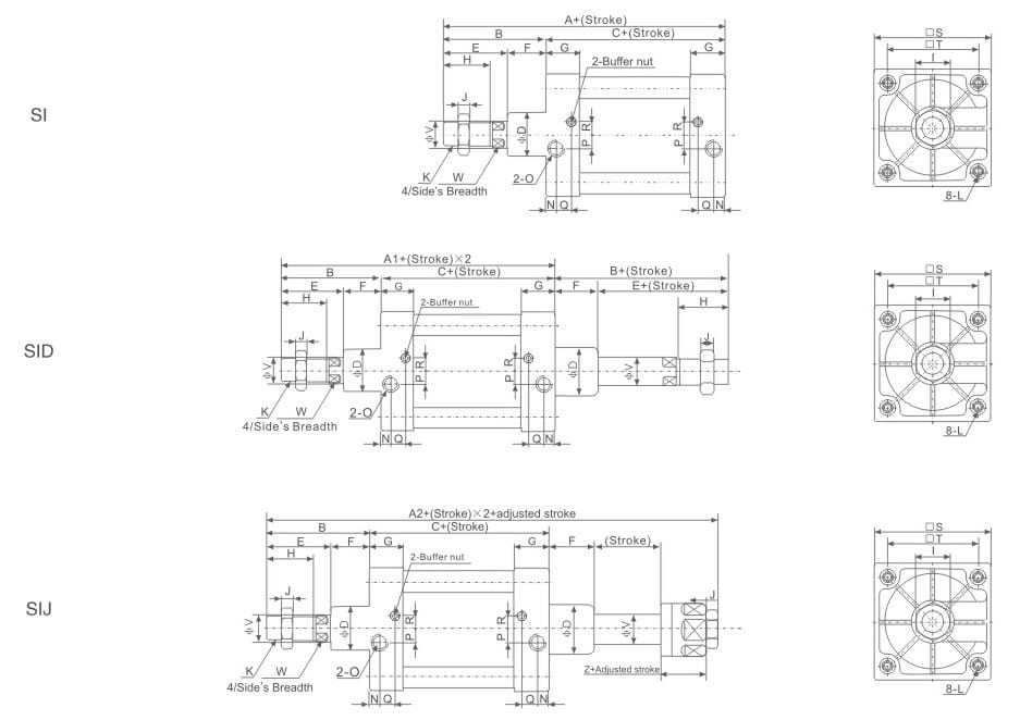 SI Series ISO 6431 Pneumatic Cylinder overall dimension reference drawing