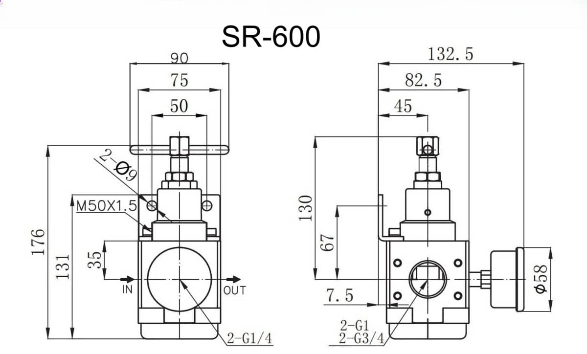 SR-600 SS316 high pressure pneumatic regulator dimension drawing
