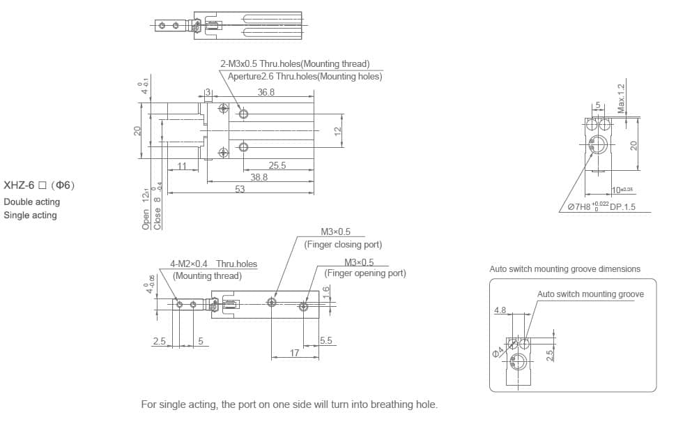 XHZ-6 Angular Pneumatic Gripper compact dimension drawing