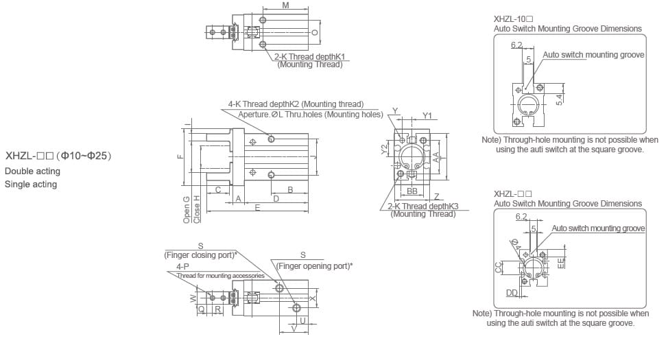 XHZL Series Angular Pneumatic Gripper dimension drawing for bores 10 to 25