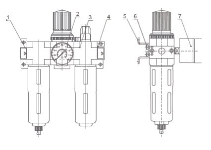 XOC Series Pneumatic F.R.L. Unit (XO Line, 3-Element) numbered parts and material reference drawing
