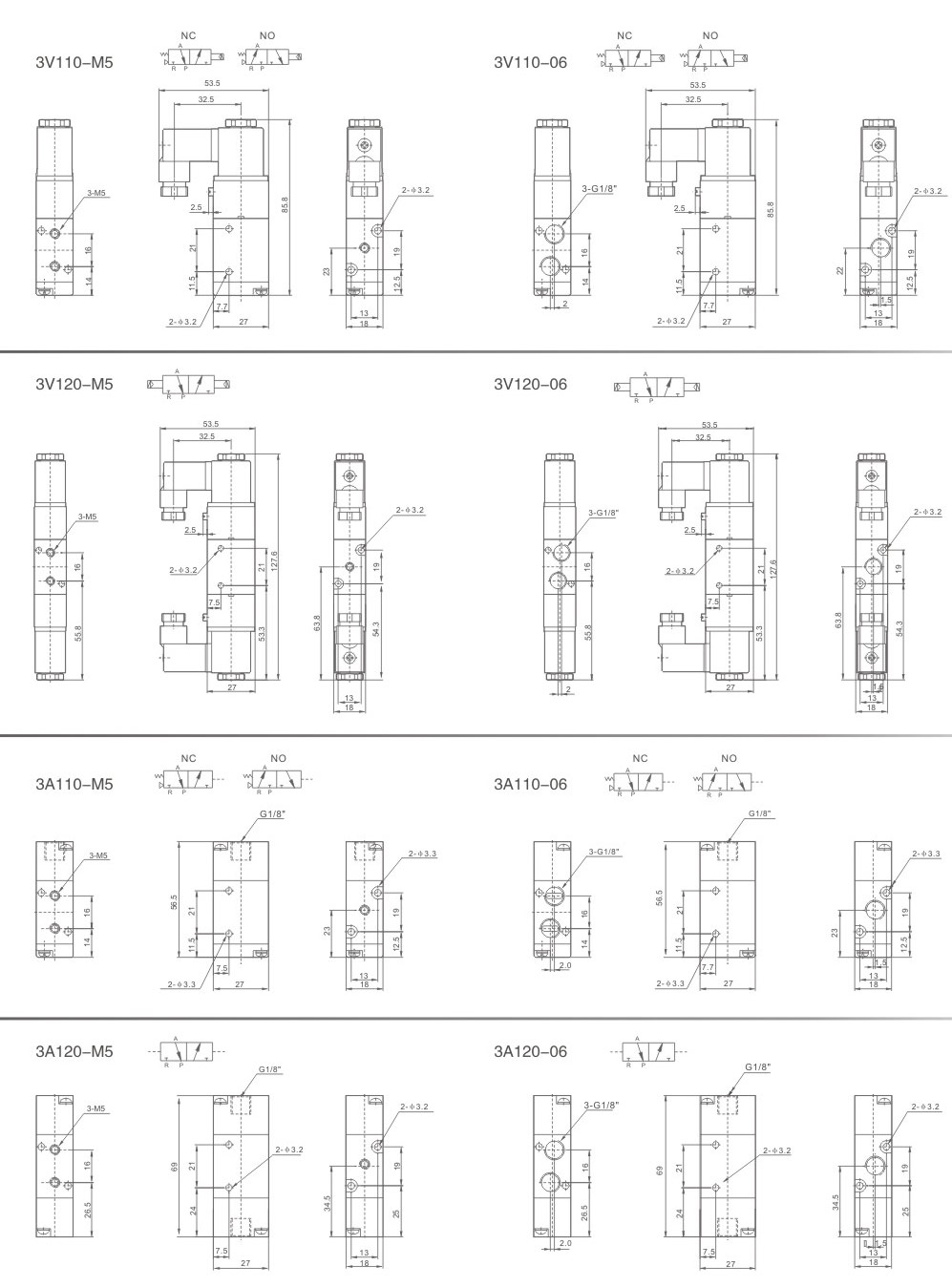 Pneumatische Wegeventile der Serie 100 (3V4V elektromagnetisch und 3A4A pneumatisch betätigt) Gesamtabmessungen
