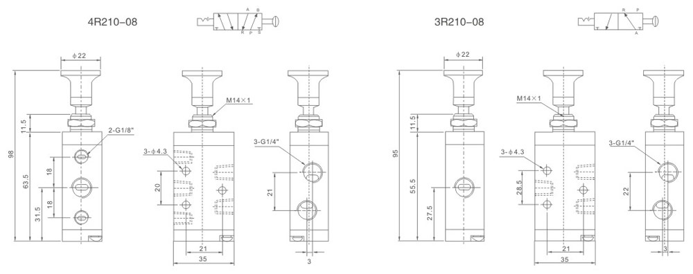 4R3R Series Pneumatic Hand Lever Control Valves Overall Dimensions