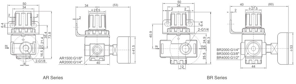 AR & BR Series Pneumatic Pressure Regulators Overall Dimensions