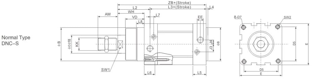 DNC Series ISO6431 Pneumatic Cylinder Overall Dimensions