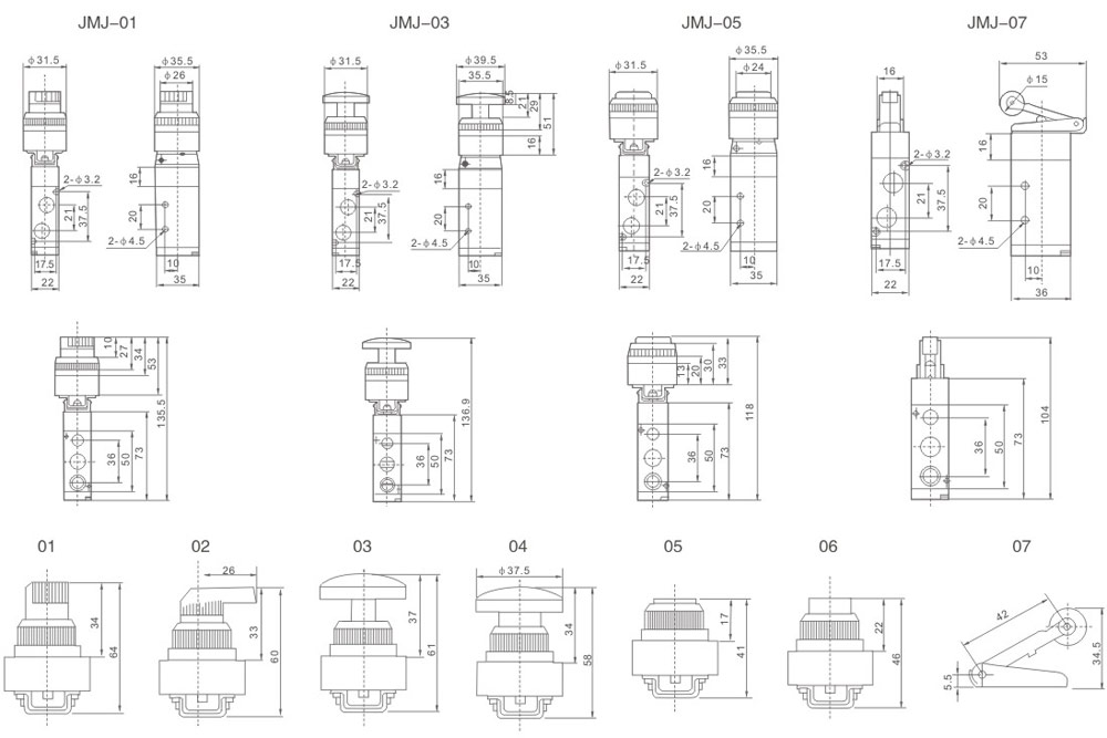 Mechanisch-pneumatische Ventile der Serie JMJ (Knopf-, Knopf-, Rollenbetätigung) Gesamtabmessungen