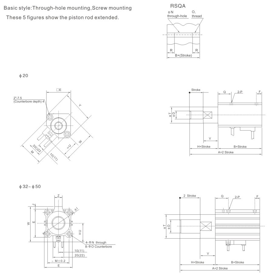 Pneumatischer Stopper-Zylinder der Serie RSQ Gesamtabmessungen
