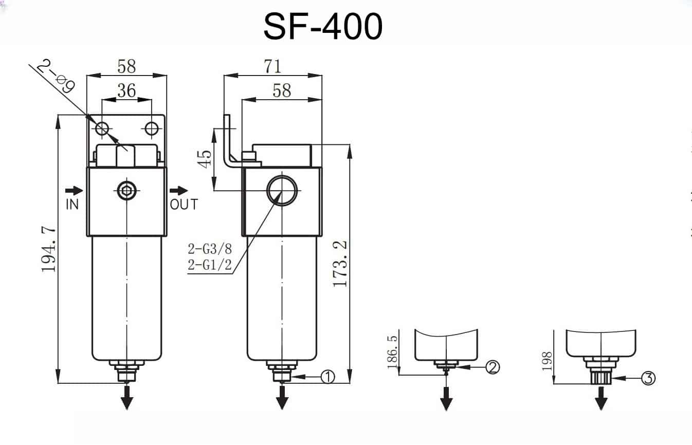 SF-400 Series SS316 High Pressure Pneumatic Filter Overall Dimensions