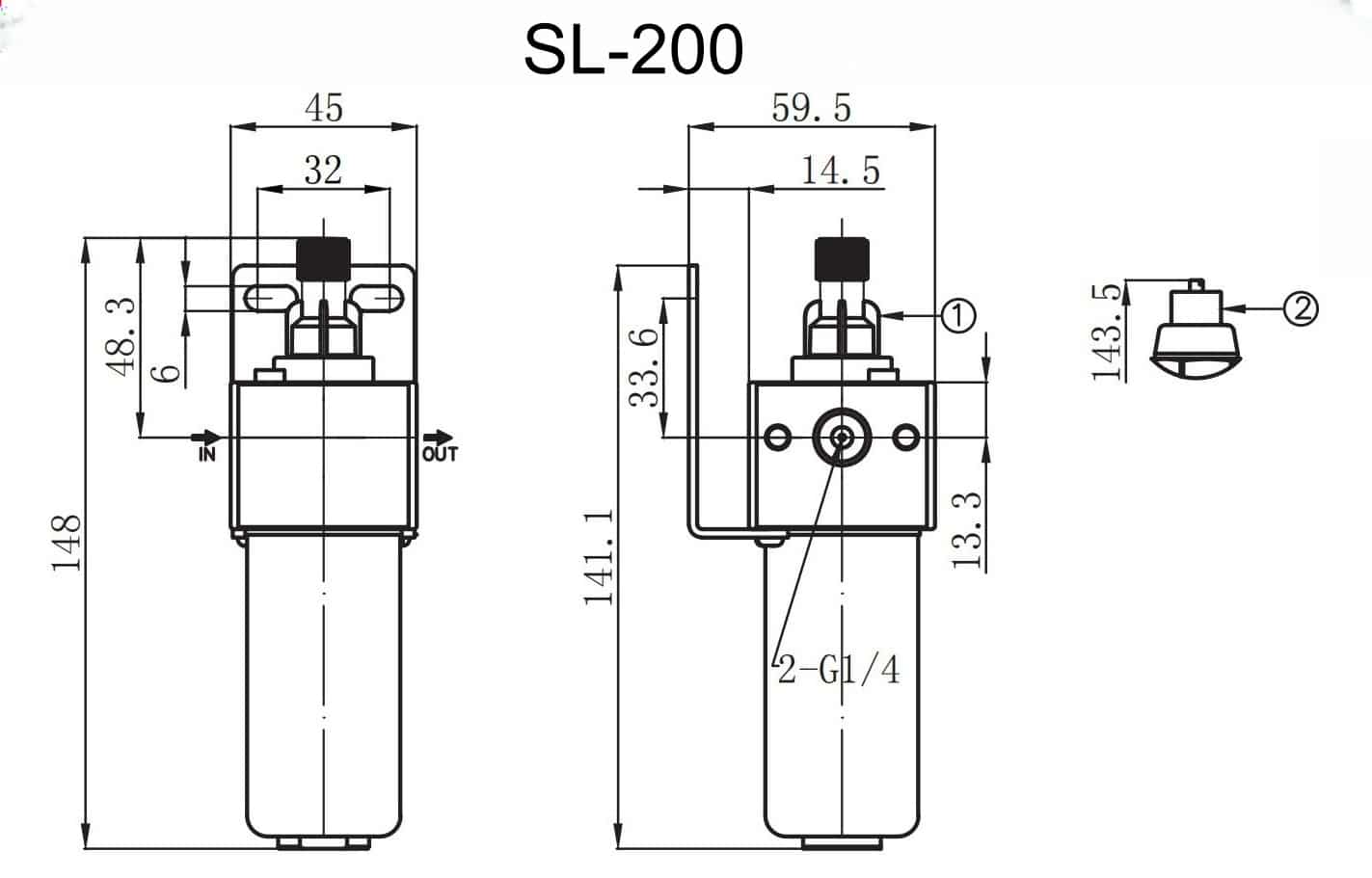 Pneumatischer Hochdruckschmierstoffgeber der Serie SL-200 SS316 Gesamtabmessungen