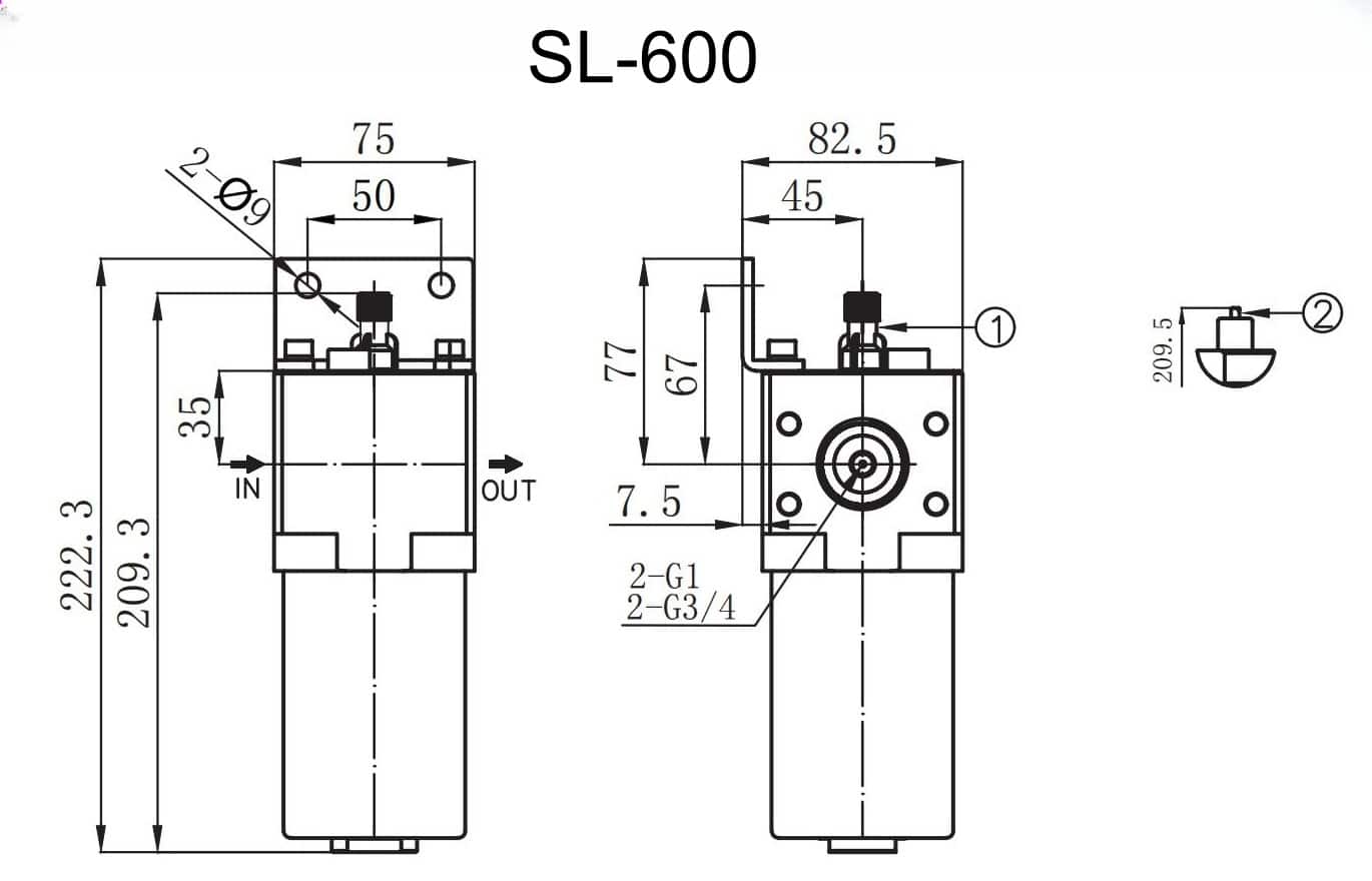 Pneumatischer Hochdruckschmierstoffgeber der Serie SL-600 SS316 Gesamtabmessungen