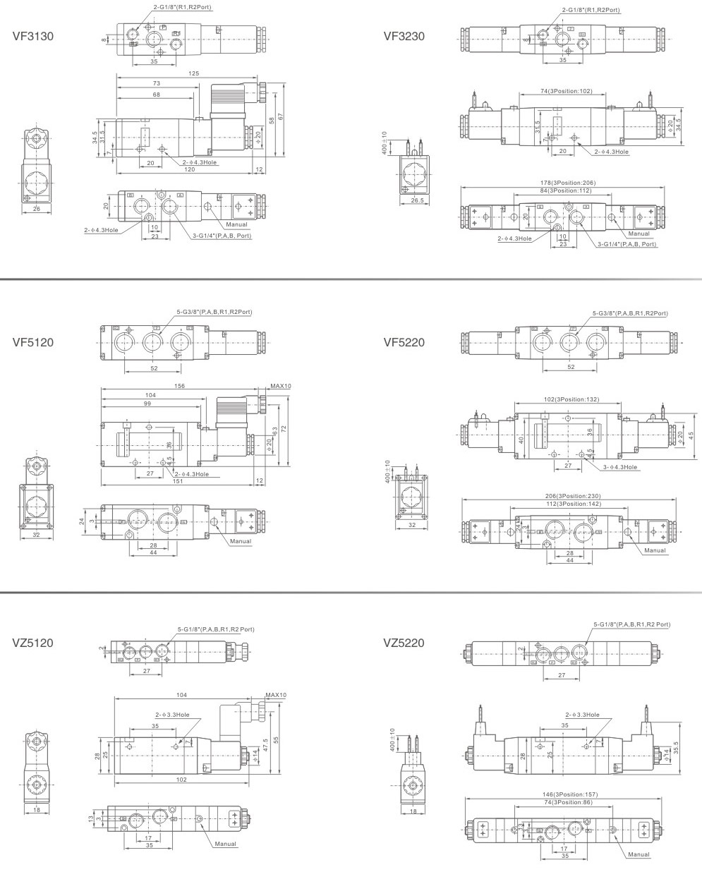 VF & VZ Series Pneumatic Directional Control Solenoid Valves Overall Dimensions